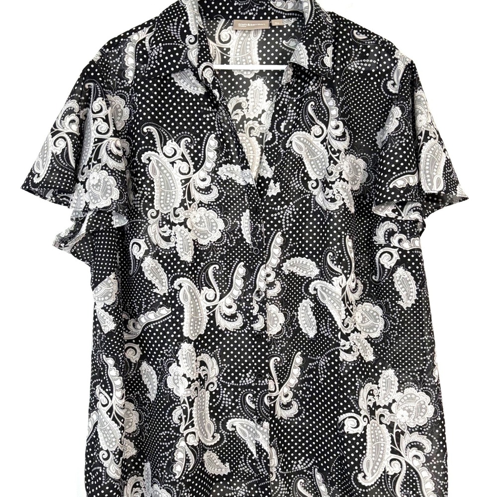 Croft & Barrow Sheer Woman Black White Paisley Dot Short Sleeve Button Up 3X